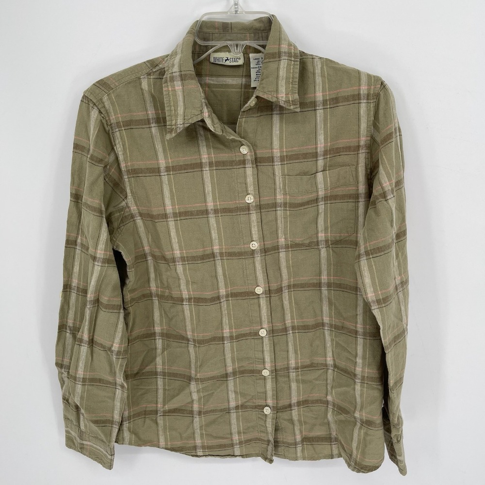 White Stag Women's Green Plaid Linen Blend Button‎ Up Shirt Size Small